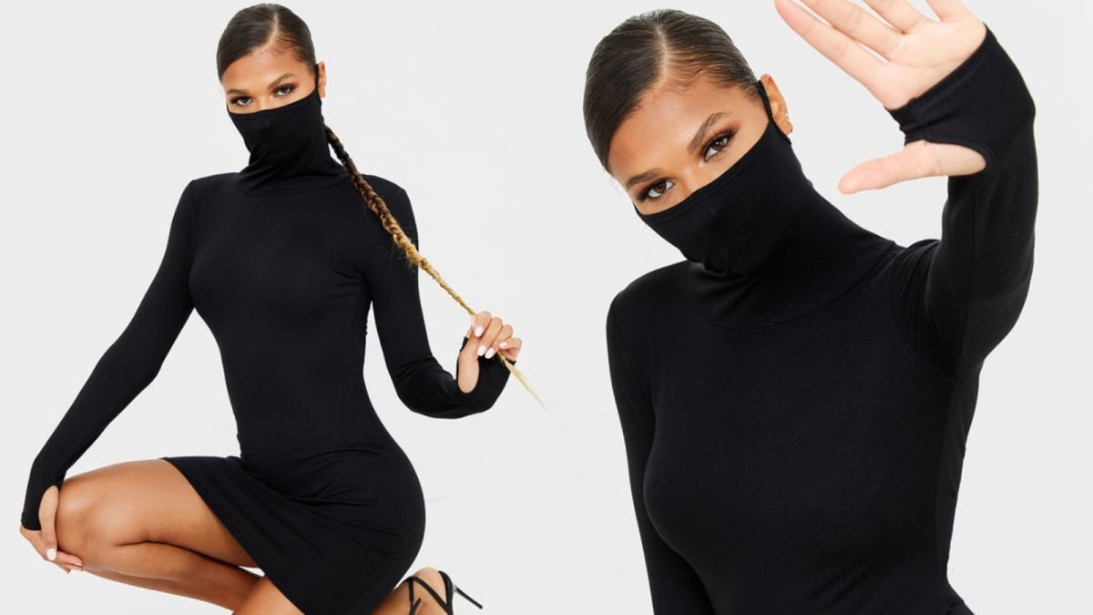 PrettyLittleThing launch £15 black jersey dress with built-in face mask